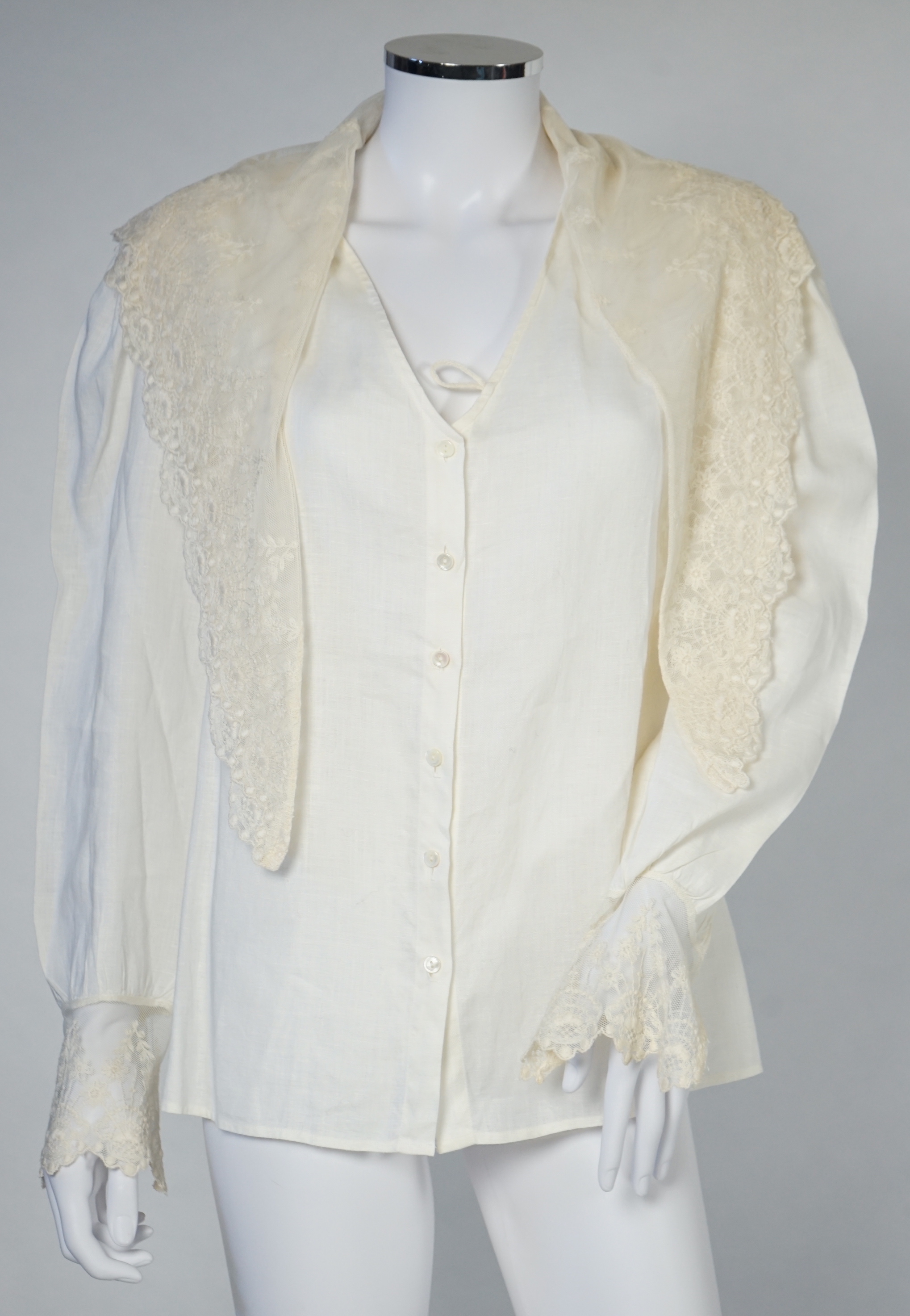 Two Ralph Lauren cotton blouses with lace detail, cream size 10, floral stripe size 8